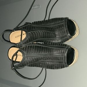 Lucky Brand 8 Lace Up Black Sandal Wedges